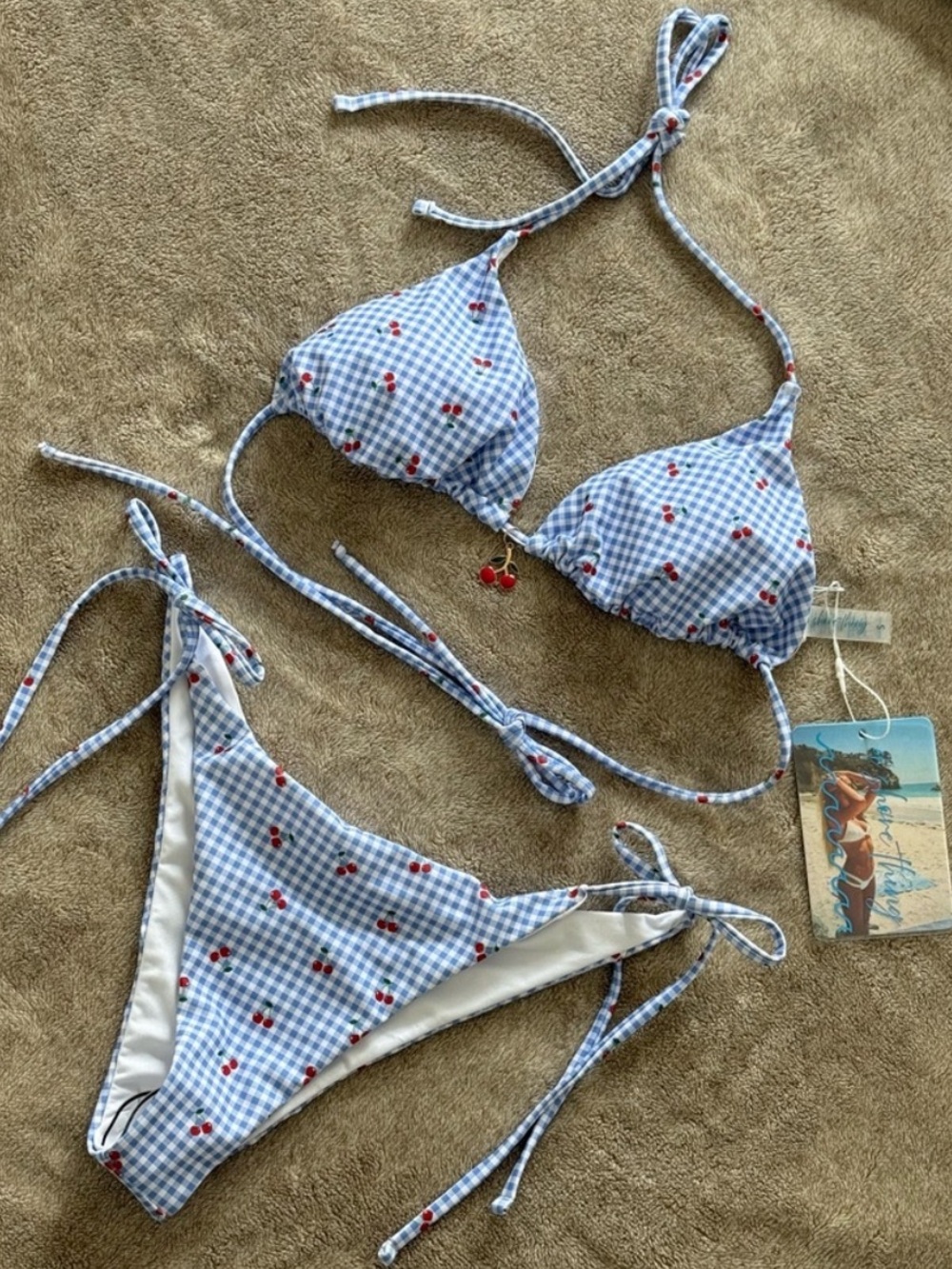 Blue Gingham triangle Bikini with Cherries